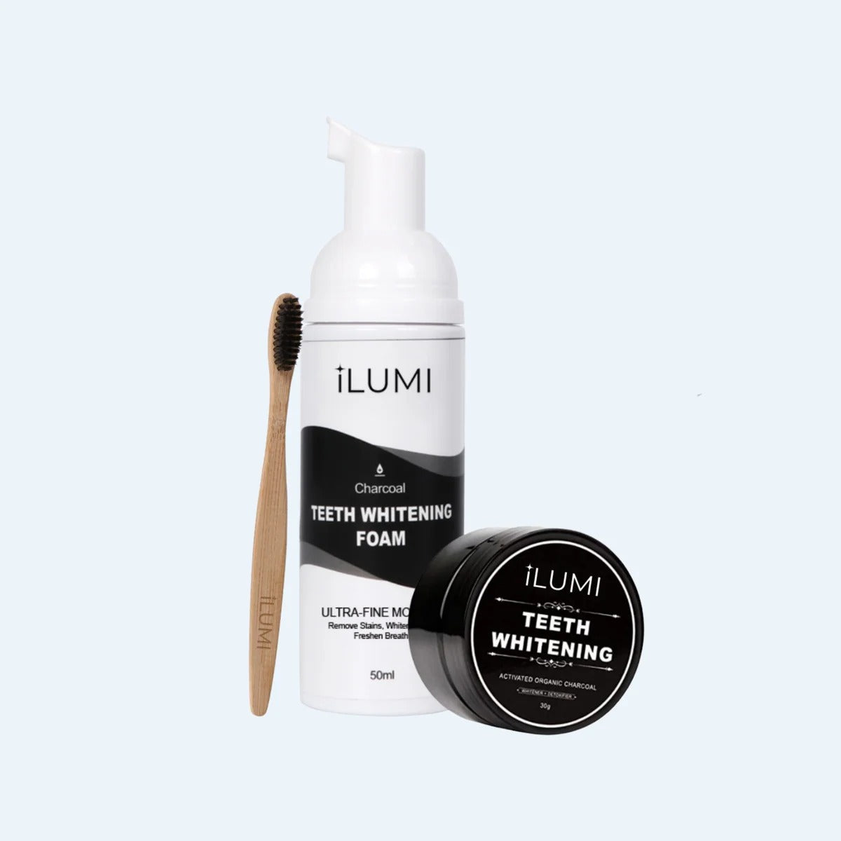 ILUMI Daily Detox & Polish Kit: charcoal teeth whitening foam, bamboo toothbrush and activated charcoal powder jar