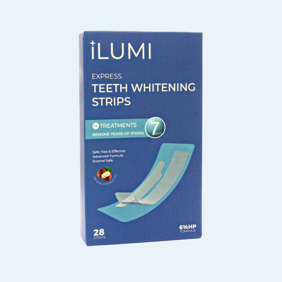 ILUMI Express Teeth Whitening Strips box, 14 treatments, 28 strips