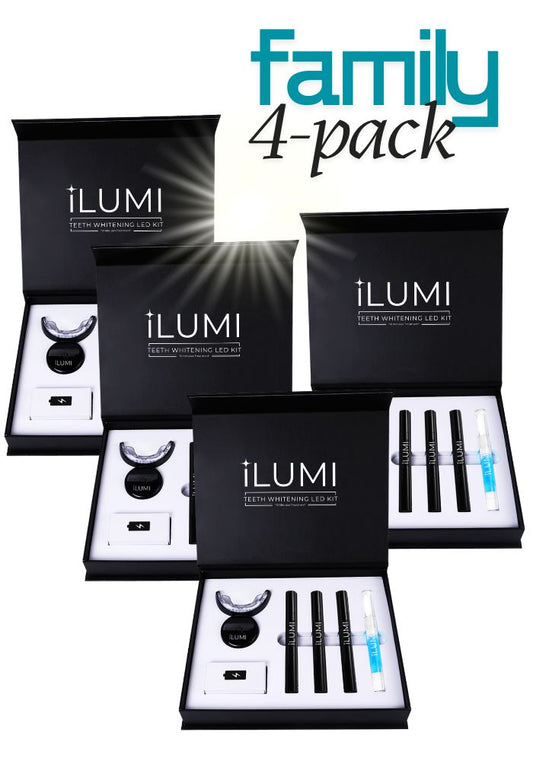 iLUMI teeth whitening kit packaging with 'Family 4-pack' text on a white background